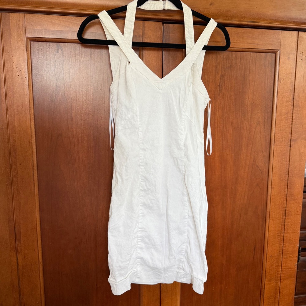 Bebe White Linen Blend Halter Bodycon V-Neck Crisscross Straps Mini Dress Size 4